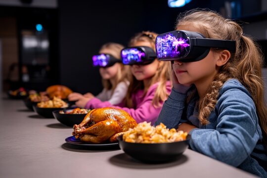 Thanksgiving gathering in a cyberpunk world, with virtual reality headsets and holographic turkeys shared by family members across the globe