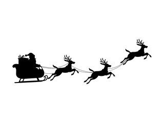Santa Claus is flying in sleigh with reindeer. Santa Sleigh Silhouette isolated on white background. Vector Illustration