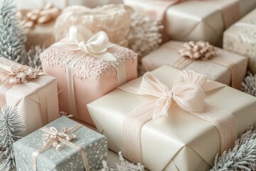 Elegant Pastel Holiday Gift Boxes with Bows and Winter Decorations