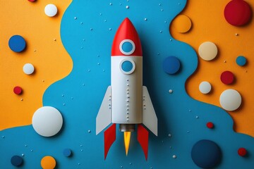 Obraz premium Colorful Rocket Launching Amidst Abstract Geometric Shapes: A Vibrant Blend of Creativity and Imagination
