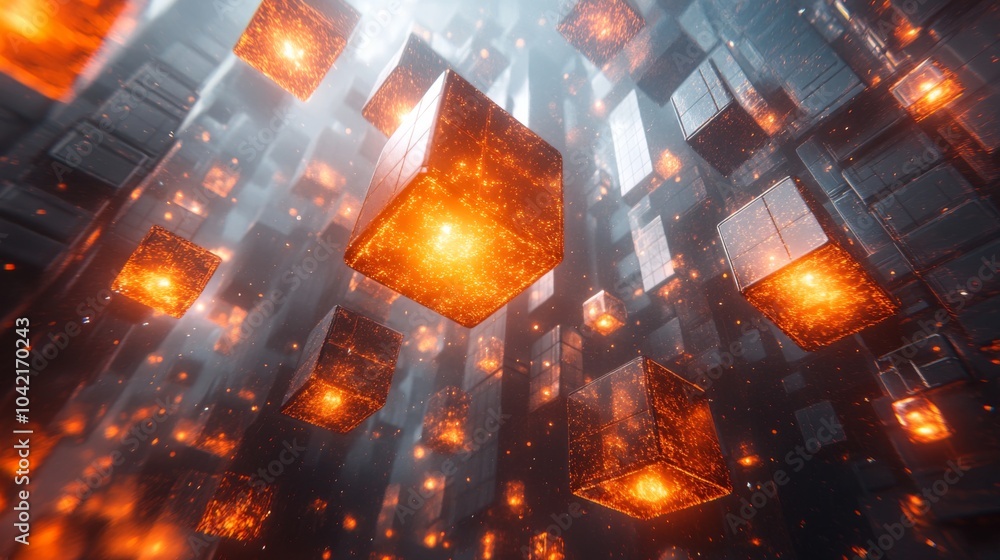 Leinwandbilder A mesmerizing array of glowing, floating cubes radiates light in a futuristic, dark environment. The cubes appear to hover in mid-air, creating an enchanting visual experience.