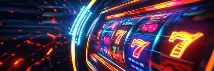 Glowing reels reveal classic symbols like cherries, sevens, and bars, capturing the excitement of casino gaming in a bright display. Generative AI