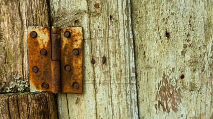 A rusty door hinge is currently resting on a wooden door surface