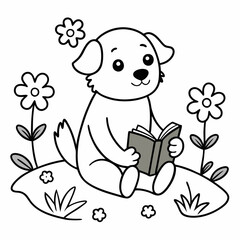 Cute Dog Reading Book in Flower Garden - Outline Vector Illustration for Kids