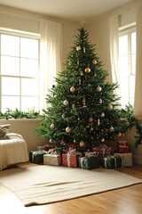 Cozy room with Christmas tree and presents.