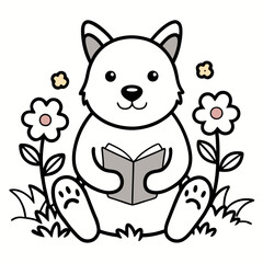 Cute Dog Reading Book in Flower Garden - Outline Vector Illustration for Kids