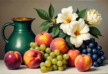 Luxurious still life with white hibiscus and a collection of fresh fruits in an emerald vessel  