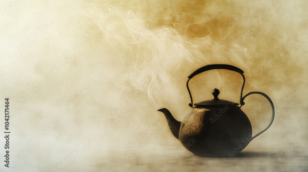 Poster a tea kettle releases thin lines of steam, set against a muted light background, evoking a sense of 