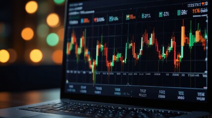 Fototapeta premium Close-up of laptop screen showing a stock market graph with green, red, and orange lines on a black background.