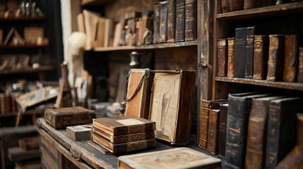 Obraz premium Close-up of antique books on a wooden shelf in a vintage library