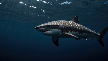 Fototapeta premium A great white shark swims through the deep blue water with sunlight breaking through the surface.