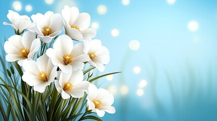 A serene image of white flowers against a soft blue background, evoking tranquility and natural beauty.