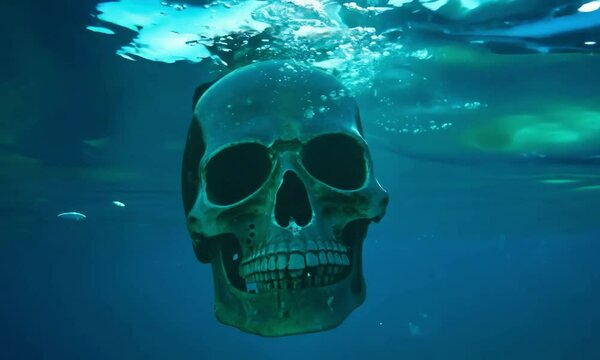 Close-up shot with cool, underwater light: The camera starts with a close-up of a floating warrior skull in a cool, clear pool. Cool, underwater light highlights the skull&rsquo;s features and intricate det