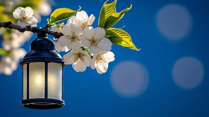 A lantern hangs beside blooming flowers against a bright blue background, creating a serene and picturesque outdoor scene.