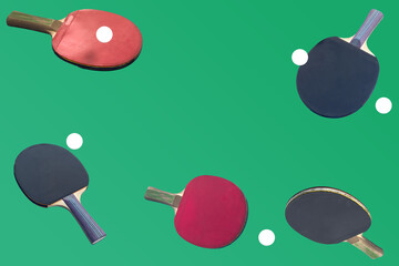 tennis rackets for playing ping pong on blue table, ping pong concept, active sports