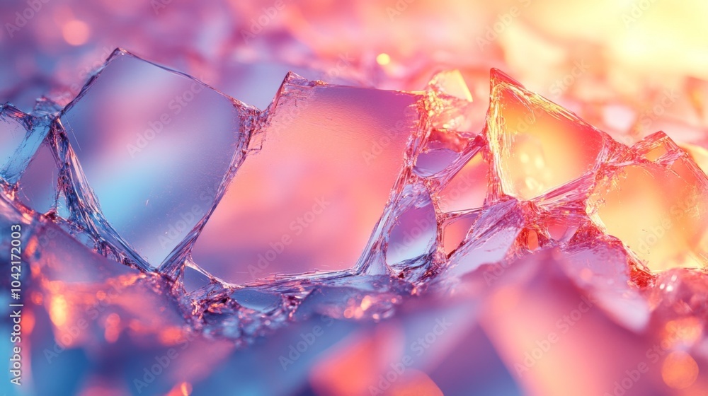 Poster shards of ice scatter across a surface, reflecting vibrant shades of blue and orange from the warm l