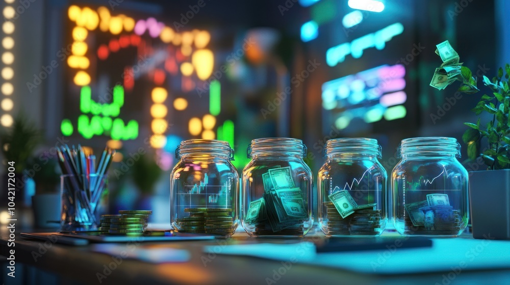 Poster four glass jars with money inside, arranged on a desk in front of a blurry background with a graph a