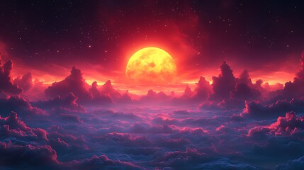 A large, glowing, yellow moon rises over a field of clouds, with red, orange, and purple clouds in the sky. The sky is a deep, dark blue and has many stars.