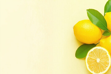 Vibrant lemons with green leaves against a bright yellow background