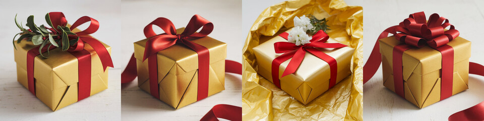 Golden gift box with red ribbon. Collection of classic luxury gift boxes with elegant ribbons. Set of gift preset boxes with ribbon of various styles. Perfect for any celebration occasion project.