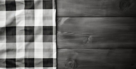 Black and White Checkered Tablecloth on Rustic Wooden Background
