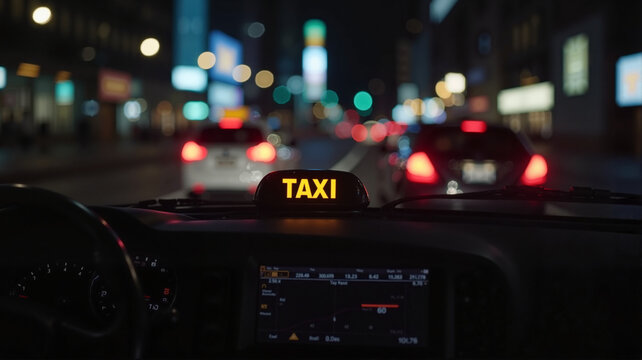 Taxi cab view displaying illuminated sign and bustling traffic at night in the city
