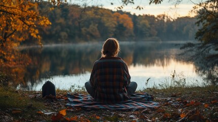 A woman sits on a blanket by a lake in the fall, looking at the water with a peaceful expression.
