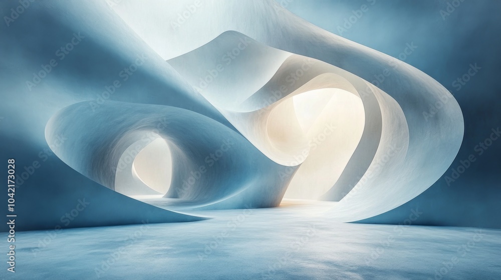 Aufkleber Curved structures blend seamlessly in a tranquil blue setting, creating an inspiring and peaceful atmosphere. Soft lighting enhances the elegant lines.