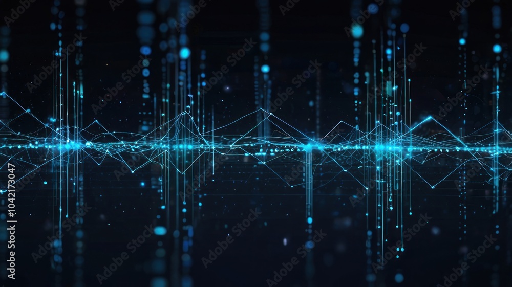Poster abstract digital background with blue glowing lines and dots representing data flow, futuristic tech