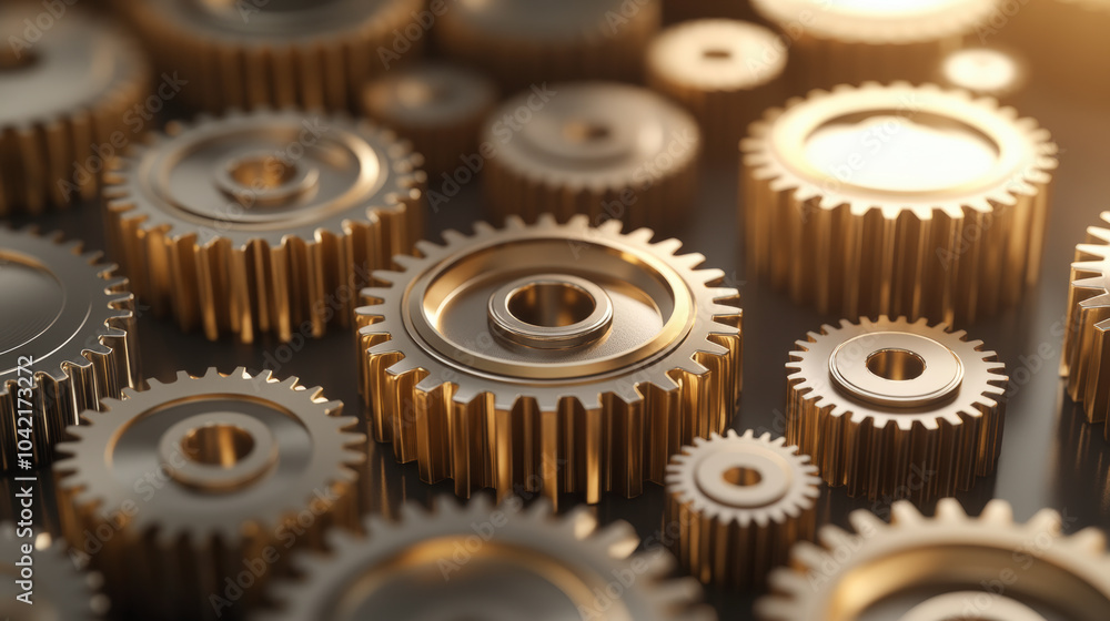 Poster golden gears interlock seamlessly, reflecting a warm glow. arranged in a complex, harmonious pattern