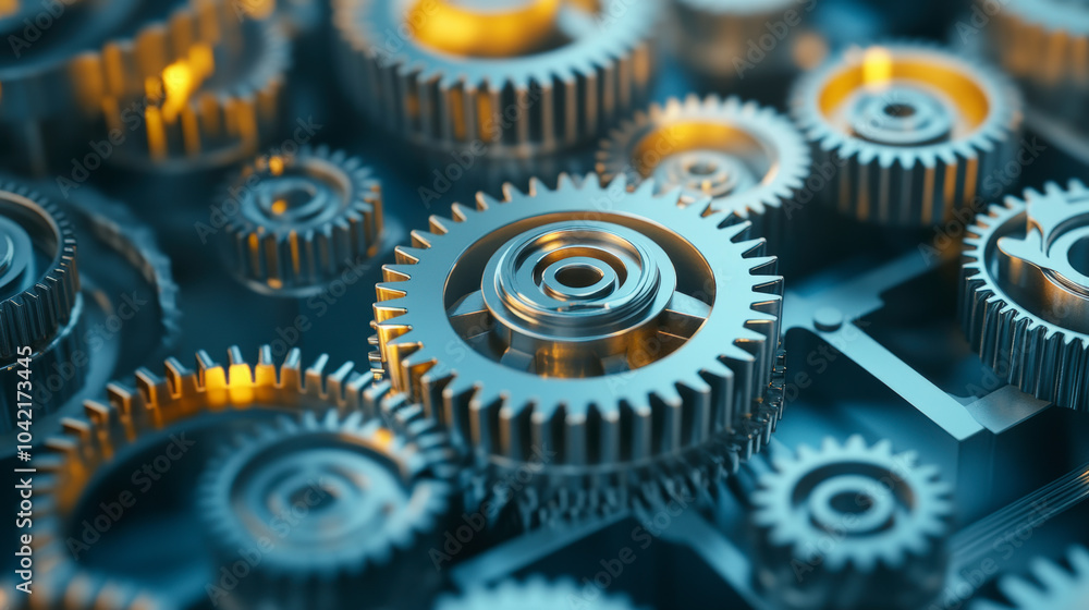 Poster intricate network of metallic gears, showcasing precision engineering and mechanical complexity, arr