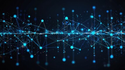 Abstract digital network with glowing blue dots and lines on a dark background.