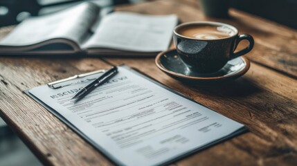 A clipboard with a document and a pen on a wooden table with a cup of coffee and a book.
