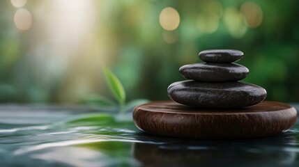 A serene composition of stacked black zen stones on a wooden platter with a soft, green nature background, evoking calm and balance in a peaceful environment
