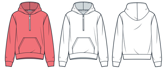 Half Zip Hoodie technical fashion illustration. Sweatsirt fashion flat technical drawing template, pocket, relaxed fit, front and back view, pink red, women, men, unisex CAD mockup set. © Liubov Hladka