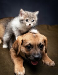 Fototapeta premium un gatito y un perro juntos, estampa amorosa