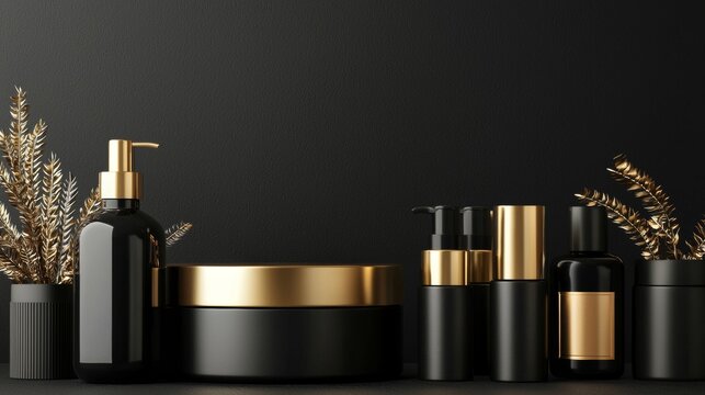Black and gold luxury cosmetic bottles in an elegant arrangement