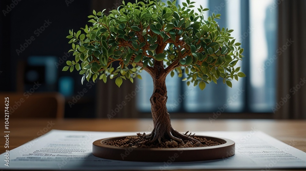 Poster a small bonsai tree sits on a desk with papers in the background.