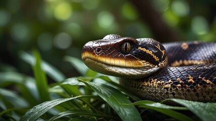 Obraz premium A close-up of a black and yellow snake with a sharp gaze, camouflaged in green foliage.