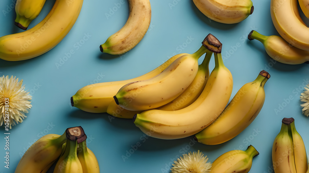 Wall mural a vibrant arrangement of fresh bananas on a light blue background, showcasing their bright yellow co