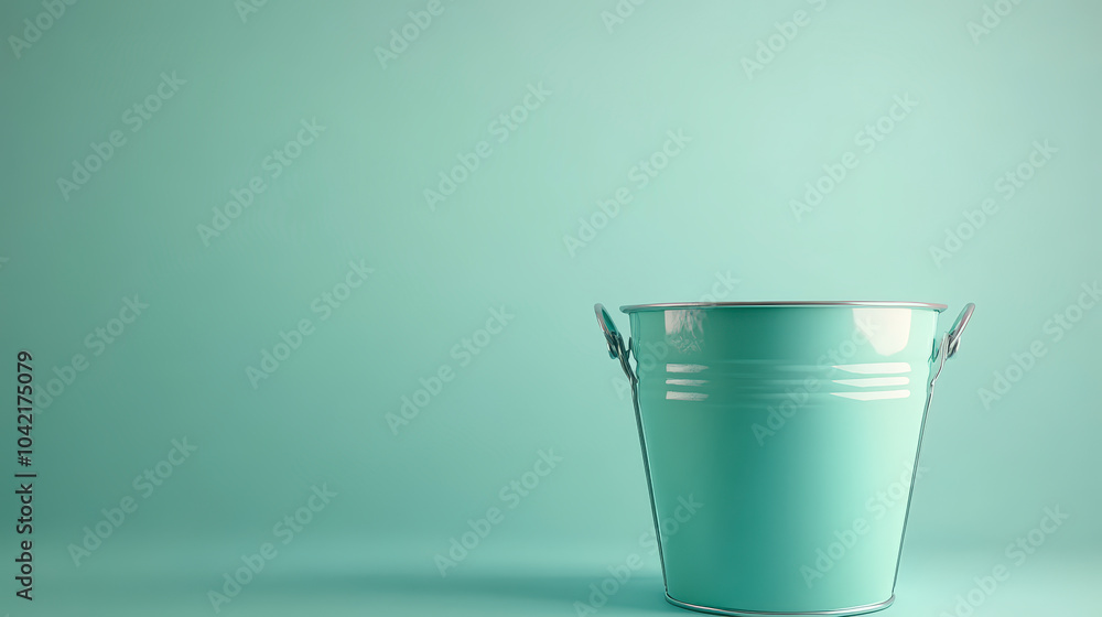 Poster a teal metal bucket sits against a minimalist matching teal background, creating a simple yet aesthe