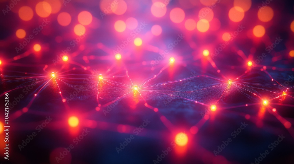 Poster A vibrant display of interconnected red and purple dots creates an abstract network on a dark background, showcasing digital technology in action.