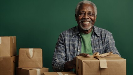 happy african american senior man shopping at sale, online shopping