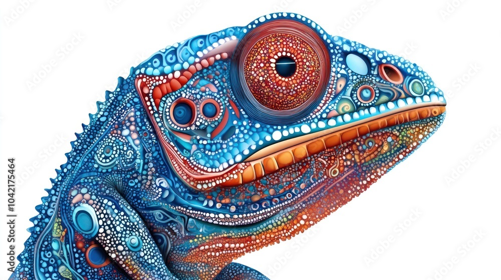 Poster A close-up of a chameleon's face with intricate patterns and vibrant colors, set against a white background.