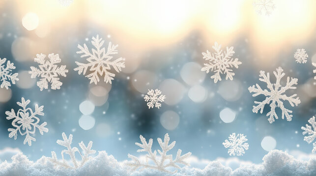 Delicate snowflakes drift gently over a blurred winter landscape, creating a serene and magical atmosphere illuminated by soft, warm light in the background.