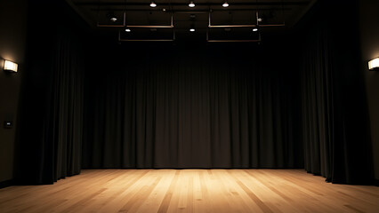 A small community theater stage with simple wooden floorboards, plain black curtains, and soft overhead lighting illuminating the space.