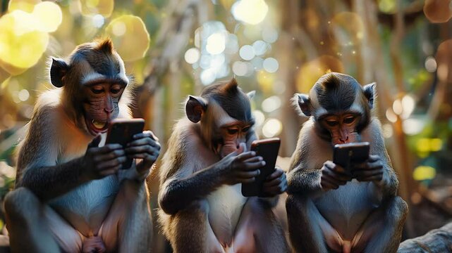 Three monkeys sitting next to each other and looking at smartphones, funny illustration of technological progress	
