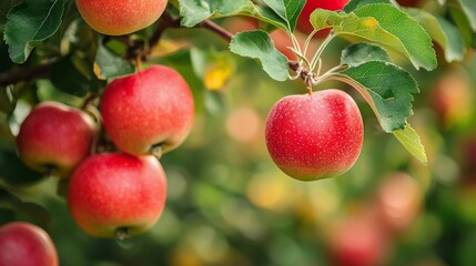 Obraz premium Red apples hanging on a tree branch in an orchard