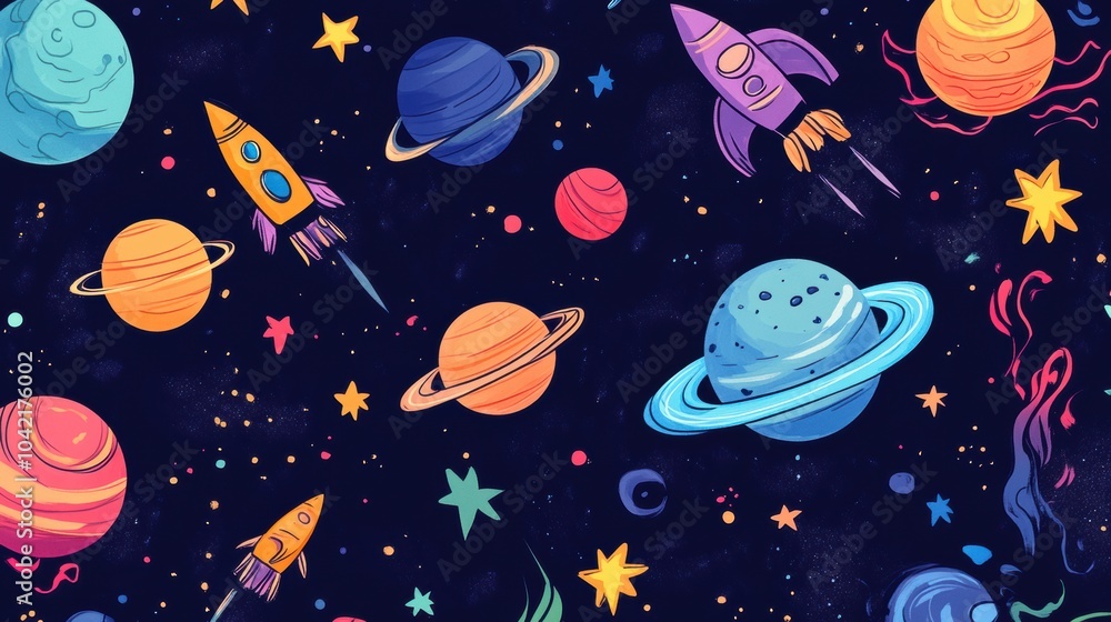 Poster Explore a colorful array of cosmic doodles displaying vibrant planets, rockets, stars, and asteroids floating in deep space. Generative AI