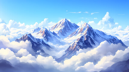 Majestic snow-capped mountain peaks pierce through a blanket of clouds under a clear blue sky. Snow-capped Peaks. Illustration